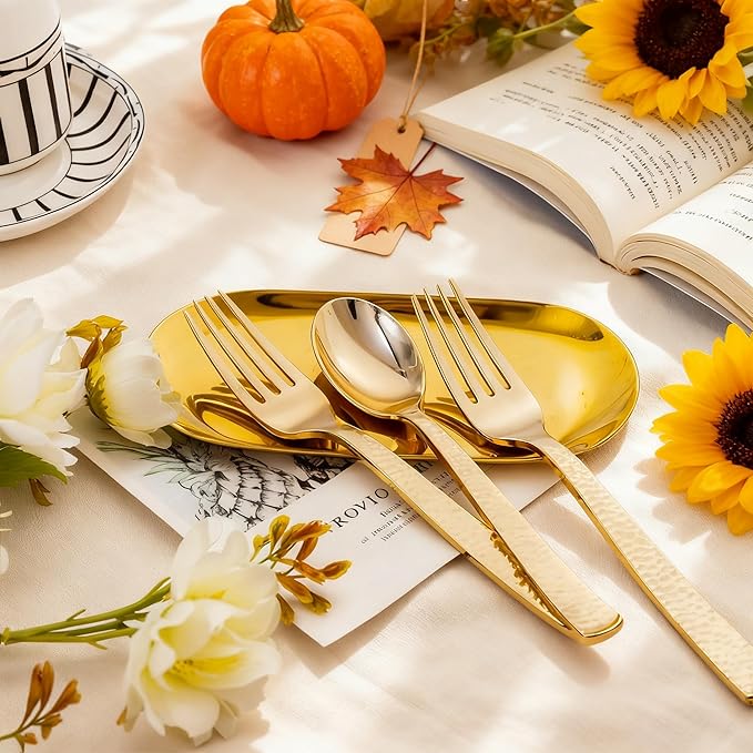 KIRE 400PCS Gold Plastic Spoons and Forks Disposable - Gold Plastic Silverware Set Disposable Spoons and Forks Set for Thanksgiving Party,Birthday