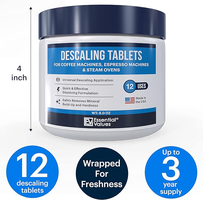 Essential Values Descaling Tablets, Descaler for Keurig Coffee Machines, Coffee Maker Cleaner for Breville, Delonghi, Jura, Miele, Bosch, Tassimo Espresso Machines and Miele Steam Ovens (Pack of 12)
