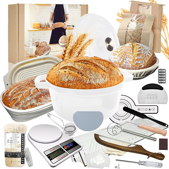 Sourdough Starter Kit with Dutch Oven, 24cm White Baking Pot, 4 Proofing Baskets, Starter Jar, Digital Scale, Bread Lame, Bread Bags & Silicone Mat for Beginners (White)