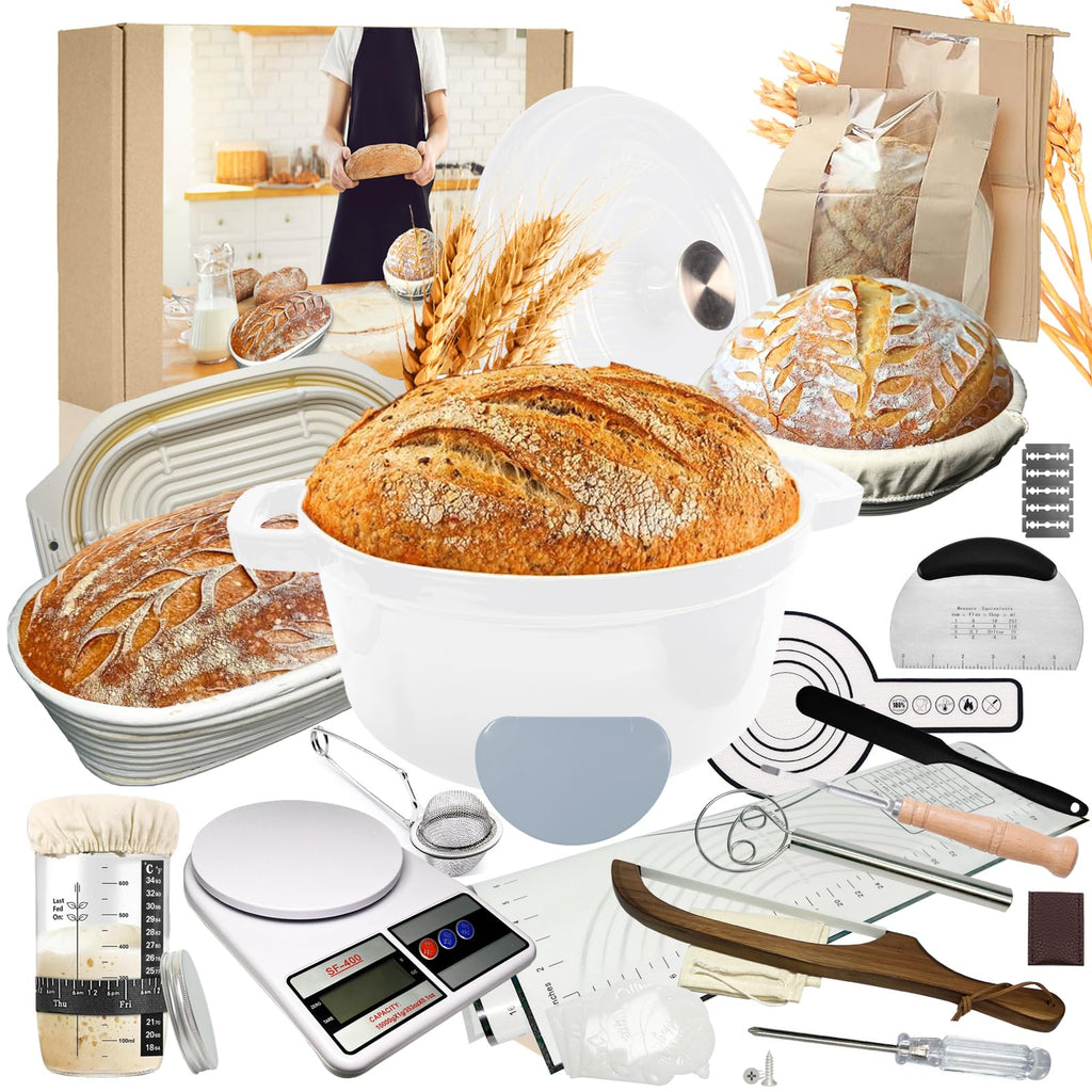Sourdough Starter Kit with Dutch Oven, 24cm White Baking Pot, 4 Proofing Baskets, Starter Jar, Digital Scale, Bread Lame, Bread Bags & Silicone Mat for Beginners (White)