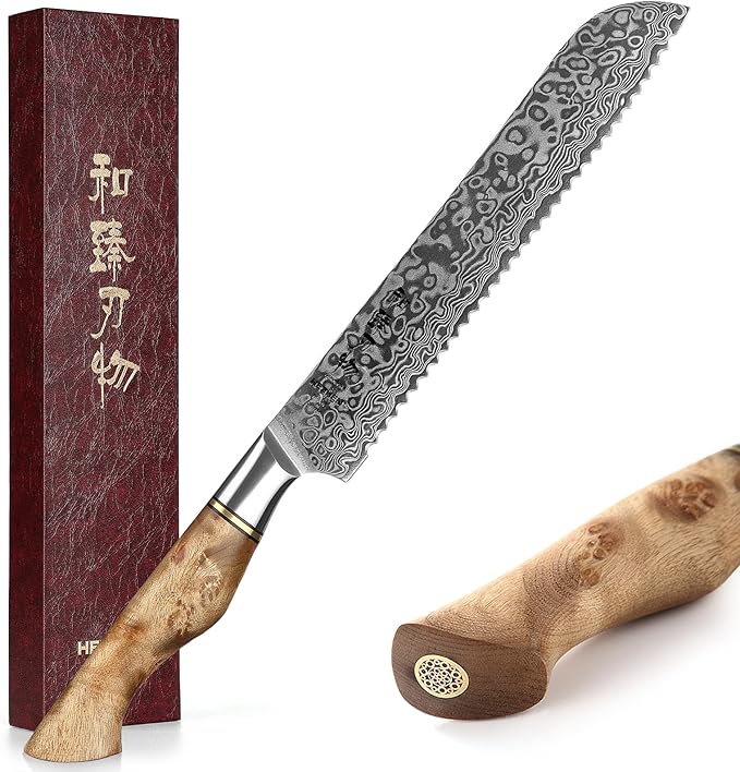 HEZHEN 8.3-Inch Bread Knife – 67 Layers Damascus Steel, Professional Serrated Slicer for Sourdough & Artisan Bread, Figured Sycamore Handle