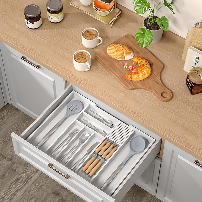 TIOPGHAD Expandable Bamboo Silverware Drawer Organizer Kitchen Tray, White