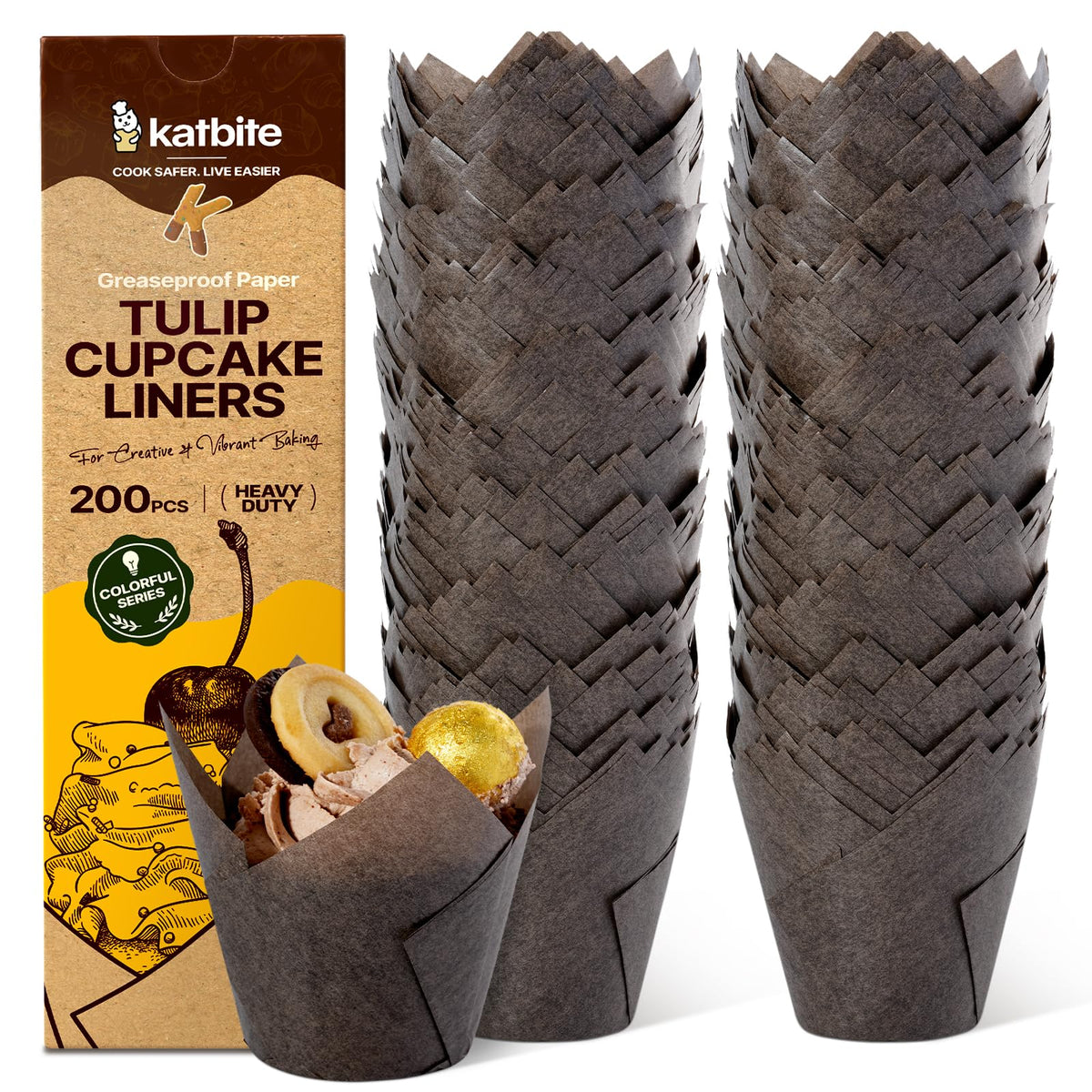 Katbite Tulip Cupcake Liners 200PCS, Standard Size Muffin Baking Cups Brown
