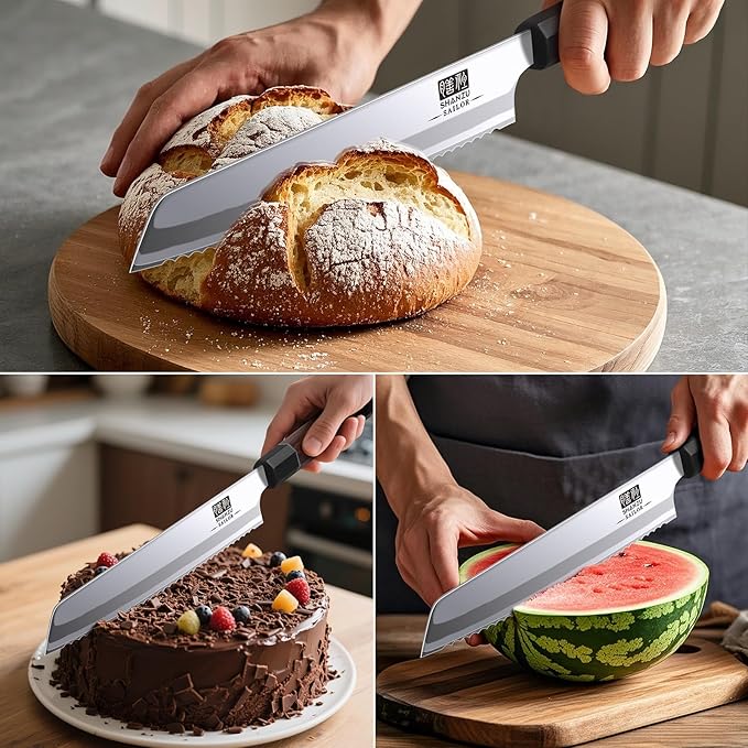 SHAN ZU 8 Inch Japanese Bread Knife, 9 Layers 10Cr15MoV High Carbon Steel