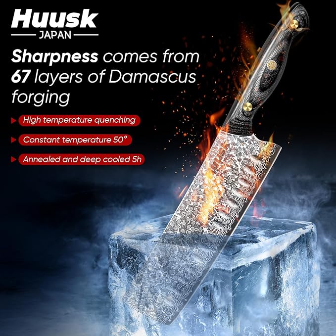 Huusk Damascus Nakiri Knife 7inch - Japanese Knives with Sharp Edge