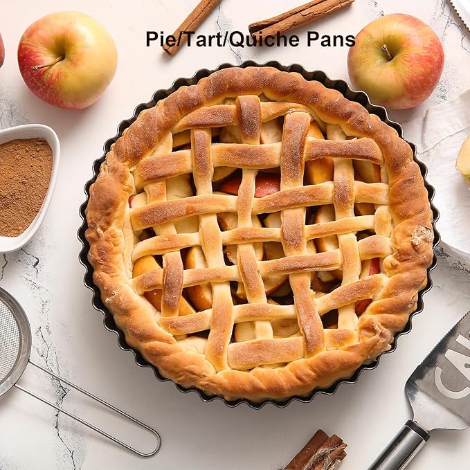 Yamteck 11 & 9 Inch Round Tart Pans with 2Pcs 4'' Mini Pans. Removable Bottom, Non-Stick Coating, Rugged Carbon Steel for Tart Quiche Pie Making. Gift for Christmas Thanksgiving Party Festival Family