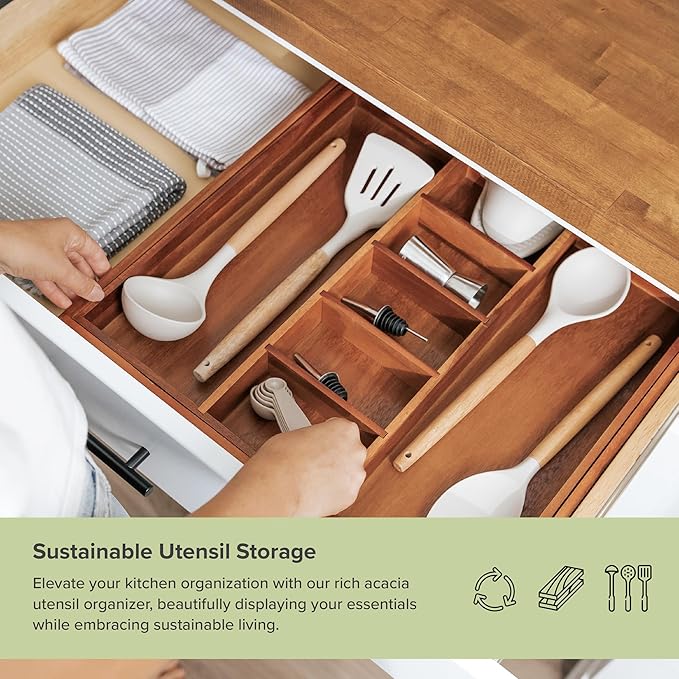 KitchenEdge Utensil & Junk Drawer Organizer, 18.5-33 in, Acacia
