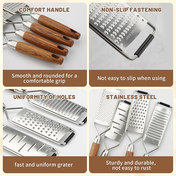 SHIKORI Stainless Steel Cheese Grater with Natural Wood Handle with a Brush