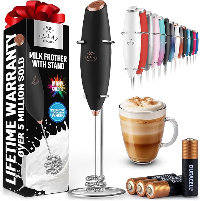 Zulay Kitchen Powerful Milk Frother Wand With Duracell Batteries - Ultra Fast Handheld Drink Mixer - Electric Whisk Foam Maker for Coffee, Lattes, Cappuccino & Matcha - Triple Whisk - Luster Copper