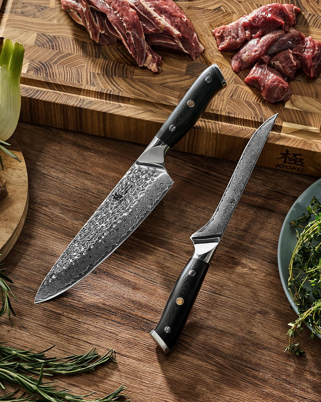 KYOKU Knife Set, Shogun Series 2pc Japanese Style Kitchen Knife Set, 7" Boning 8" Chef Knife with Sheath Gift Box, Professional Sharp Damascus Stainless Steel Knives for Meat Vegetable