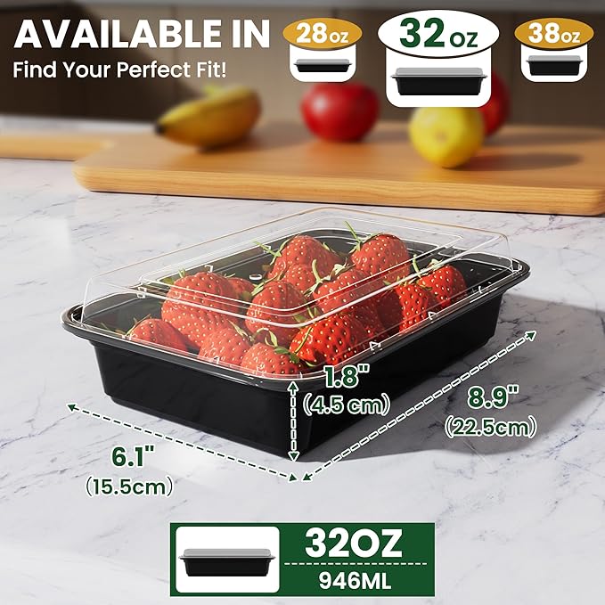 Geisoun 32oz Meal Prep Containers [50-Pack], Reusable Bento Box with Easy-Snap Leakproof Lids - Microwave, Dishwasher & Freezer Safe Food Storage, BPA-Free Plastic Lunch Containers (Black)