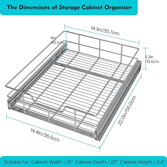 Pull Out Cabinet Organizer 15" W X 22" D, Chromed, Full Slide Out Drawers