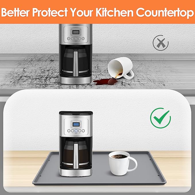 Silicone Coffee Maker Mat with Lip for Countertops, 19.7'' x 15'', Grey
