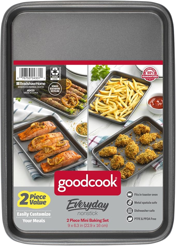 GoodCook Everyday Toaster Oven Mini Baking Sheets Set of 2 Set of 2 Heavy-Gauge Steel Baking Pans with Scratch-Resistant Nonstick, 9 x 6.2-Inch, Gray