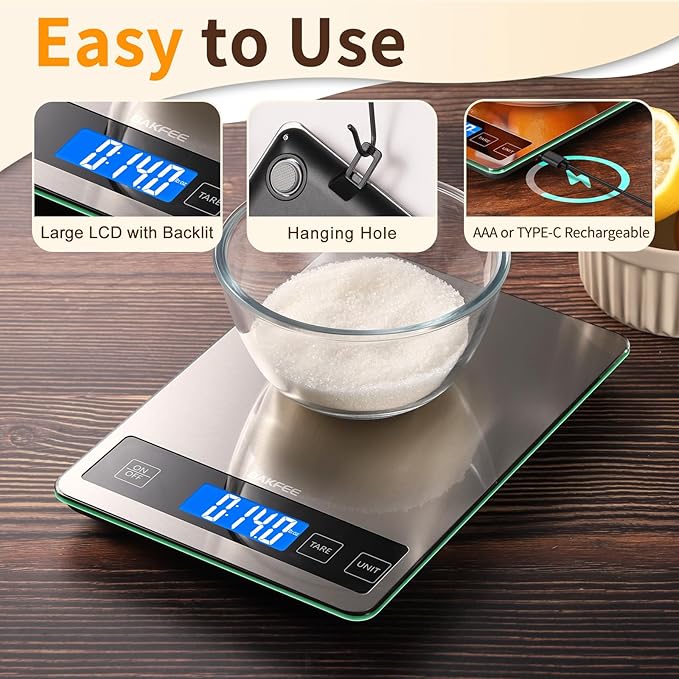 BakFee Rechargeable Food Scale, 33lb Kitchen Scale with 1g Precision, Black