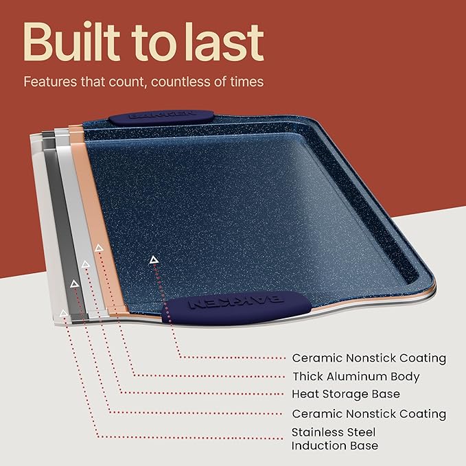 BAKKEN Kitchen Baking Pan Set - Nonstick Coating, Carbon Steel Bakeware Sets with Blue Silicone Handles, Baking Kitchen Essentials, PFOA, PFOS, PTFE Free, Oven Safe Tray (Up To 450° F), Set of 18