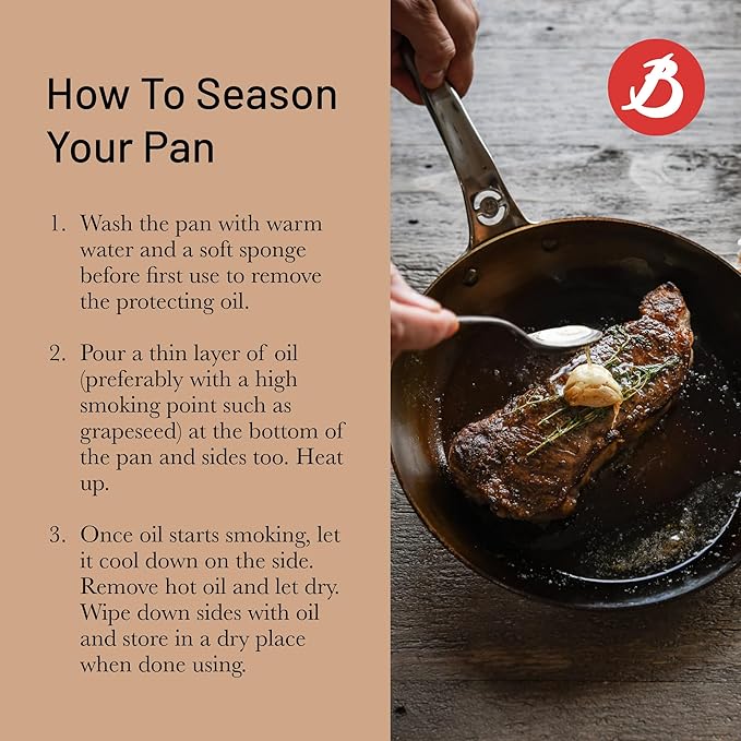 De Buyer MINERAL B Pro Carbon Steel Fry Pan - 8” Diameter, 5.5” Cooking Surface - Ideal for Searing, Sauteing & Reheating - Made in France