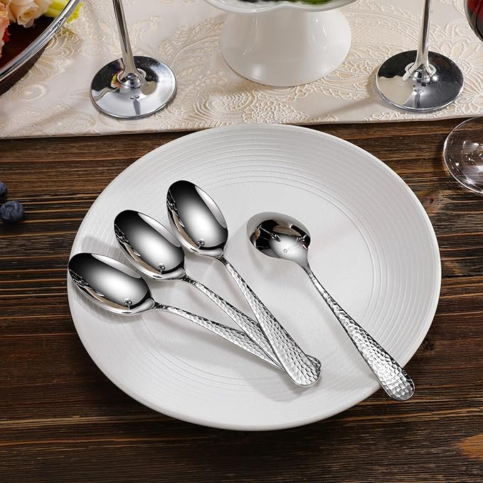 KEAWELL Premium Louise Hammered 4-Piece Spoon Set (7.6" Dinner Spoons)