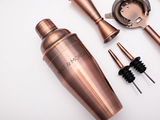 Mint & Mortar Cocktail Shaker Set – 7-Piece Stainless Steel Bartender Kit with Premium Bamboo Stand for Home Bartending - All-in-One Mixology Set for Beginners & Pros (Brushed Copper)
