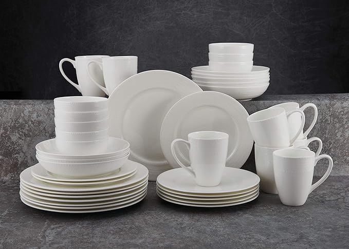 Mikasa Annabelle Bone China Dinnerware Set, 40-Piece Service for 8, White Hobnail Detail, Dinner Plates, Salad Plates, Bowls and Mugs, Dishwasher and Microwave Safe