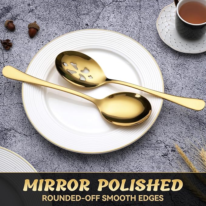 Keyoxy 8 Piece Stainless Steel Serving Spoon Set - 4 Large, 4 Slotted,Dishwasher Safe,10-Inch,Gold, for Parties/Kitchen/Buffet/Catering