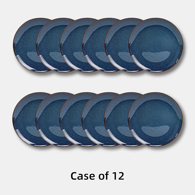 Organic Shape Highland Ceramic Dinner Plates, 12pcs 11.65 Inch Handmade Reactive Glaze Stoneware Plates with Wavy Edge, for Kitchen, Microwave & Dishwasher Safe, Scratch Resistant-Blue