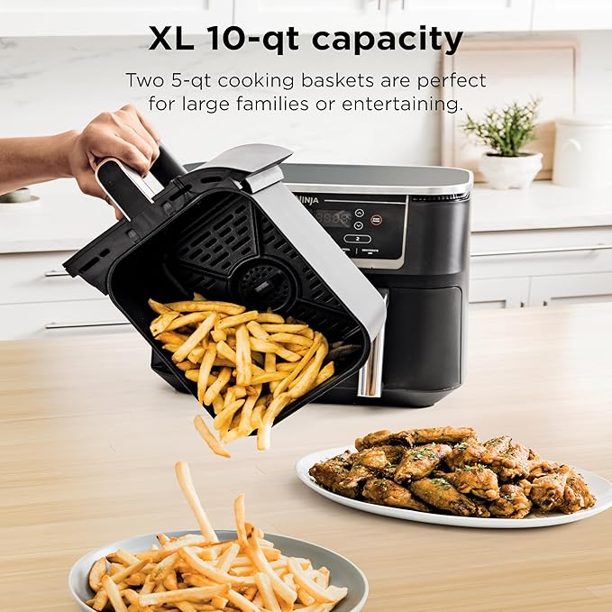 Ninja DZ550 Foodi 10 Quart 6-in-1 DualZone Smart XL Air Fryer with 2 Independent Baskets, Cook Thermometer for Perfect Doneness, Match and Finish to Roast, Dehydrate and More, Black