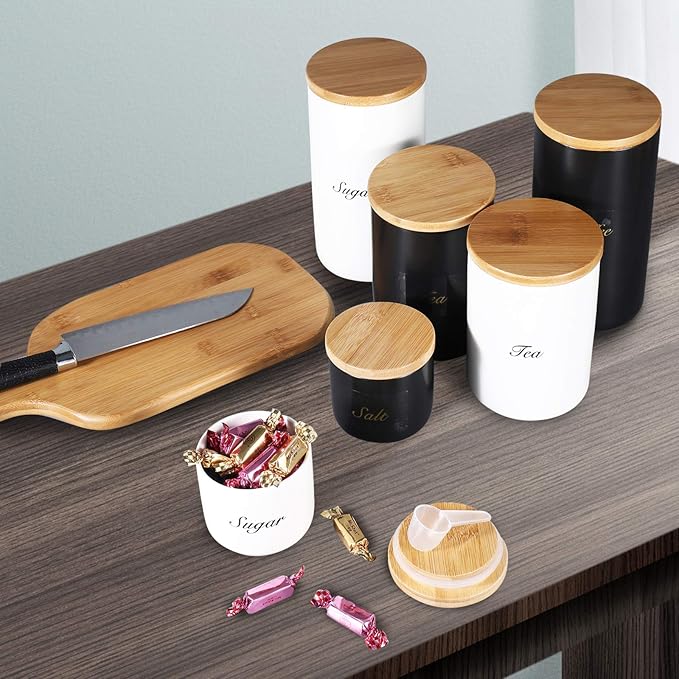 Yangbaga Black Ceramic Canister Set for Kitchen-Set of 3 Kitchen Canisters for Countertop with Airtight Wood,Large Kitchen Storage for Flour,Suger,Coffee-Modern Countertop Decor