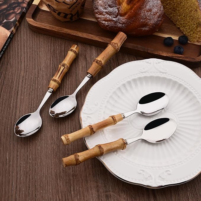 Uniturcky 40PCS Silverware Set for 10, Bamboo Handle Flatware Set, Stainless Steel Cutlery Set for Home Restaurant and Party, Bamboo Forks Spoons and Knives Set, Polished Tableware