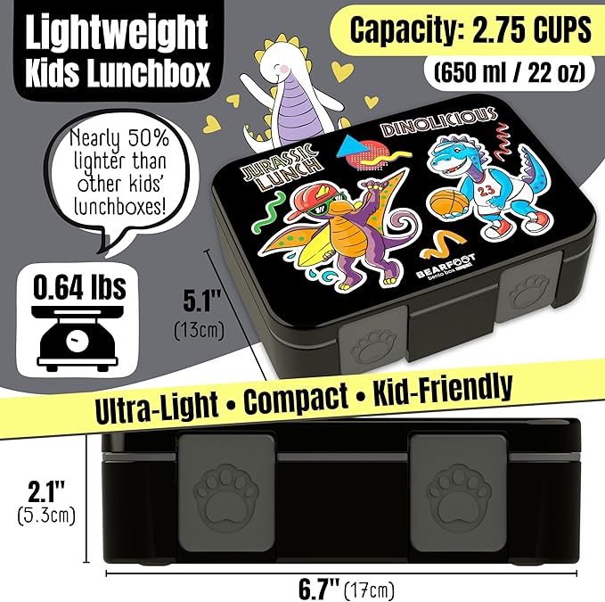 BEARFOOT Kids Lunch Box with Compartments – Compact & Lightweight | Leak-Proof, BPA-Free, Dishwasher Safe | Hand-Drawn Design for Preschool, School, Travel (Dinos Black, 2.75 Cups)