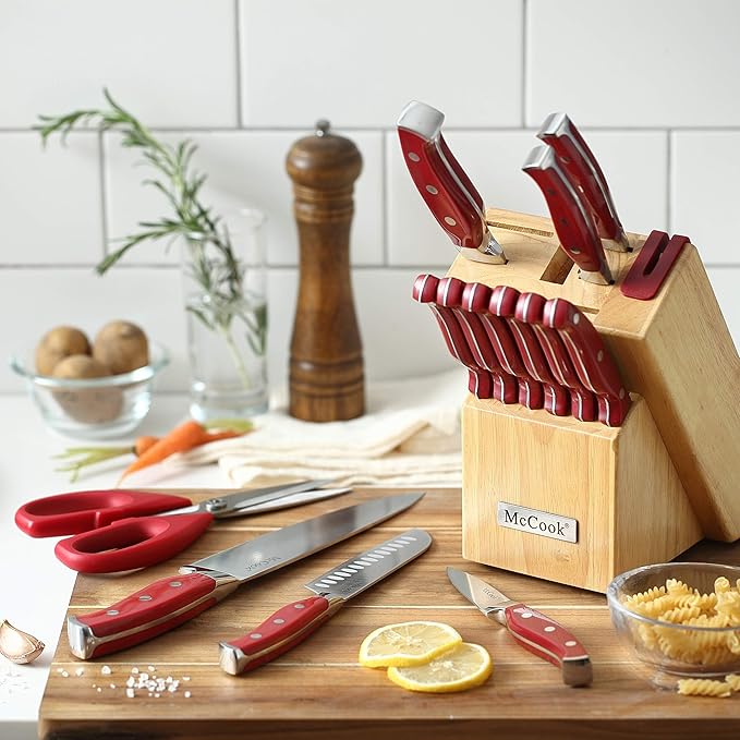 McCook Knife Set Red Kitchen Knife Block Set w Built-in Sharpener