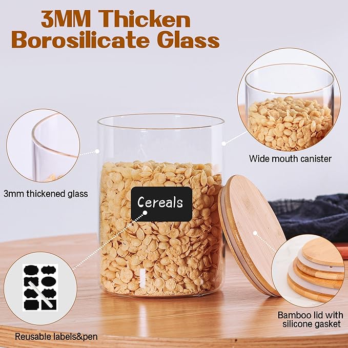 Wnaraa Glass Flour Storage Containers with Lids, Glass Jars with Bamboo Lids, Large Food Storage Jar, Sugar, Pantry Storage Container for Pasta Rice Flour Oats Nuts Tea Spice (Round 27oz+54oz+100oz)