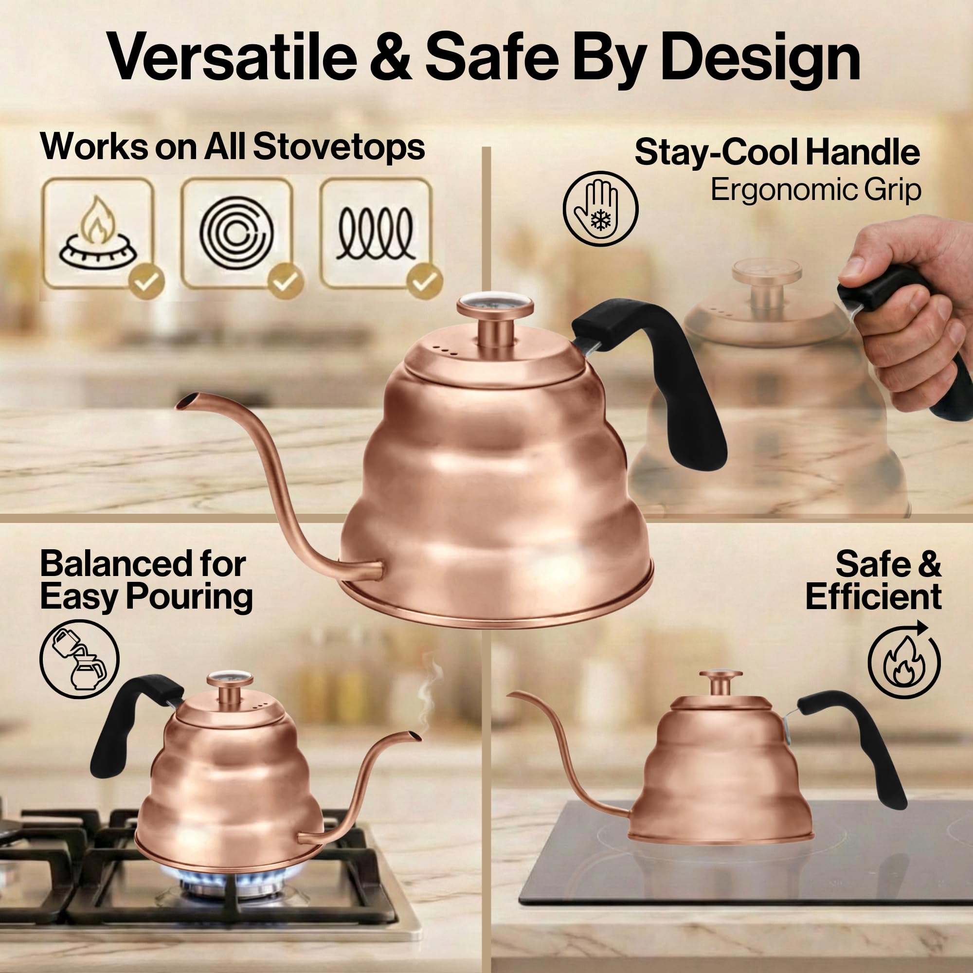 Barista Warrior Gooseneck Kettle with Built-In Thermometer for Pour Over Coffee & Tea - 1L Stainless Steel Kettle Stovetop Safe with Precision Spout - Copper Coated Stainless Steel