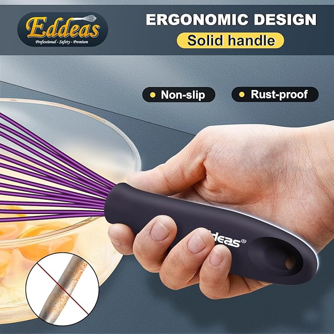 Eddeas Silicone Whisk, 500°F Heat Resistant Non Scratch Coated Whisks for Cooking Baking Balloon wisk, Kitchen Whisk Tool Set, for Stirring, Beating & Blending of 3 Size 7.5"+ 9" +11 inch