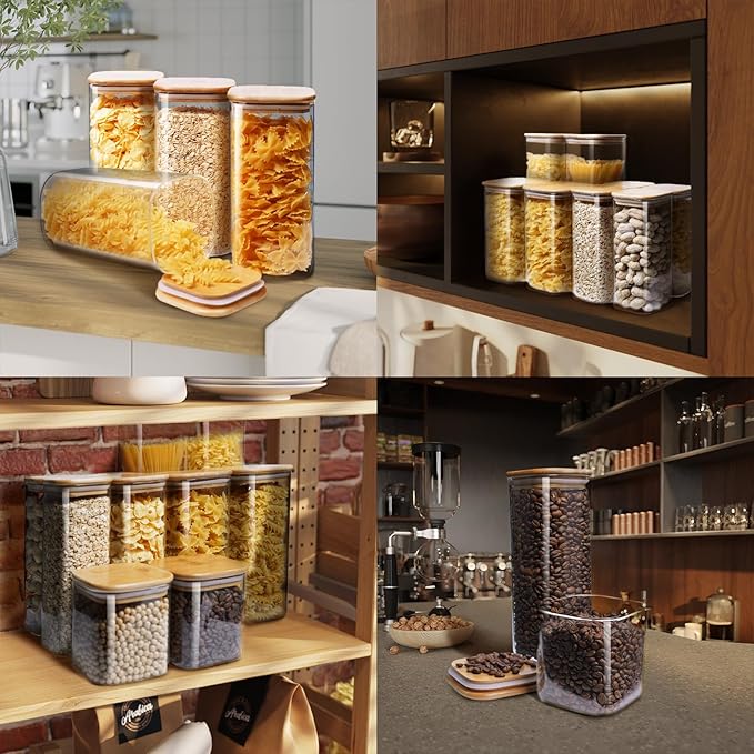 53 oz Square Glass Food Storage Containers with Airtight Bamboo Lids, 4Pack