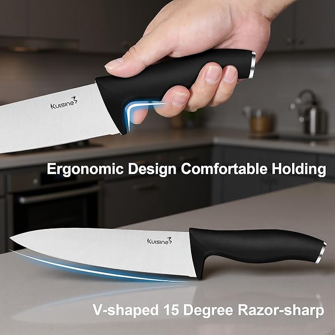 KUISINE Upgraded Chef Knife Set,High Carbon Stainless Steel Ultra Sharp Blade Ergonomic Handle,Kitchen Knife Block Set with Built-in Sharpener,Elegant Gift for Holiday(Silver Black,15PCS)