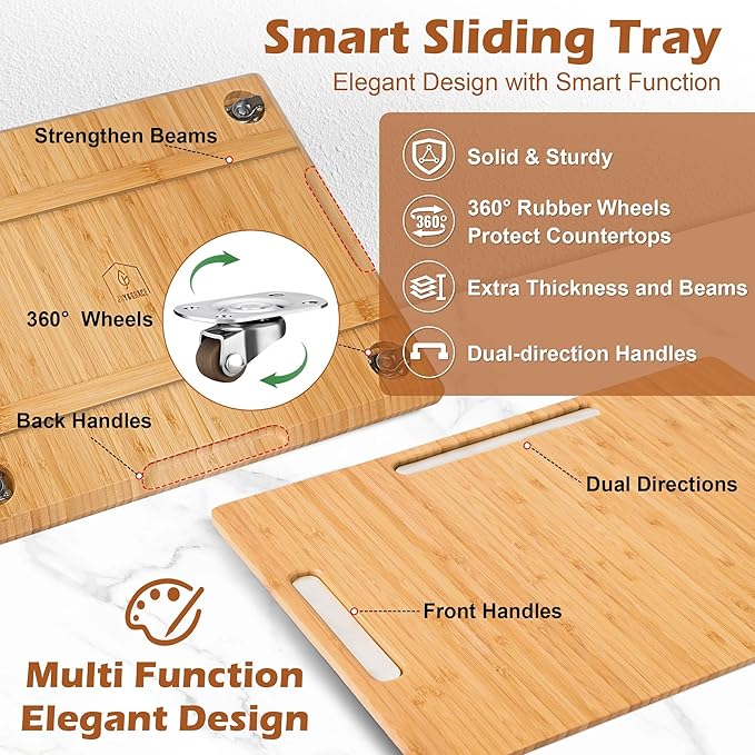 Joy&Grace Appliance Slider for Kitchen Appliances 360° Rolling Sliding Tray for Coffee Maker Countertop, Bamboo Coffee Pot Slider Rolling Tray with Universal Rollers (Natural, Large 16"x13")