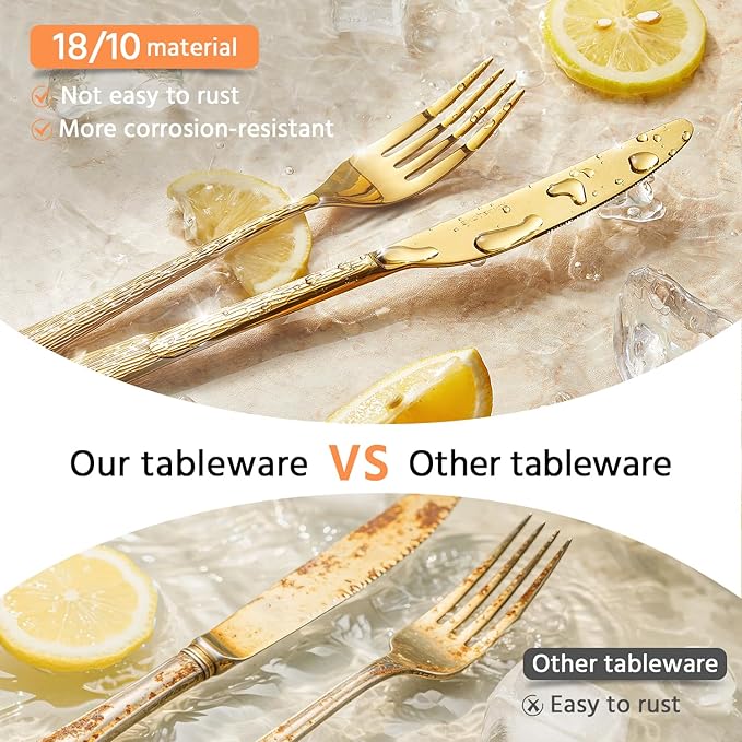 65 Piece Gold Silverware Set with Serving Utensils, 18/10 Stainless Steel