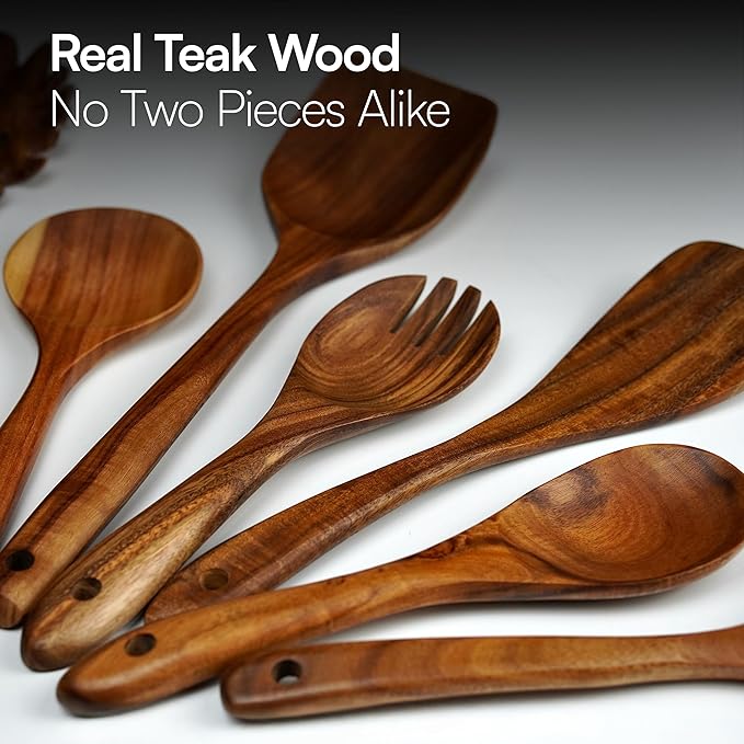 Premium Teak Wooden Utensil Set, 7-Piece Handcrafted Cooking Spoons & Spatulas – Nonstick Safe, Durable, Heat-Resistant Wooden Utensils for Everyday Cooking