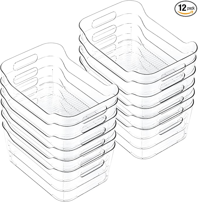 CiWiVOKi 12 Pack Clear Plastic Storage Bins, Acrylic Organizer and Containers with Handle for Pantry, Cabinet, Closet, Refrigerator, Freezer, Bathroom, Kitchen Under Sink Storage