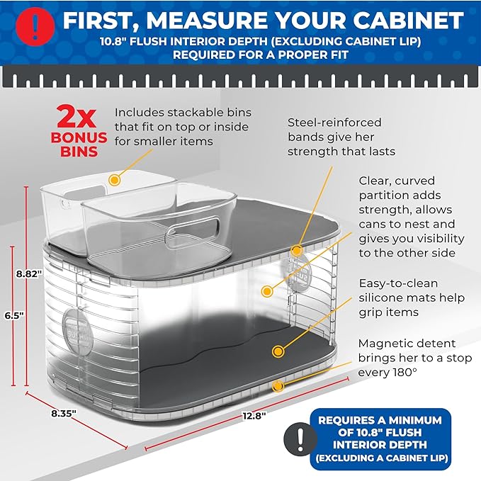 Mighty Susan 2-Tier Lazy Susan Pantry Organizer – Steel Reinforced Turntable for Kitchen Cabinets & Pantry Storage – Heavy-Duty Can Organizer Holds Up to 30 lbs – Rotates 360° – Includes 2 Bonus Bins