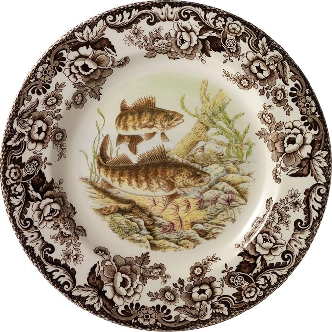 Spode Woodland Fine Porcelain Salad Plate - Walleye Design with Brown Floral Border, Classic English Country Tableware for Family Dinners, Holiday Entertaining & Elegant Dining Decor