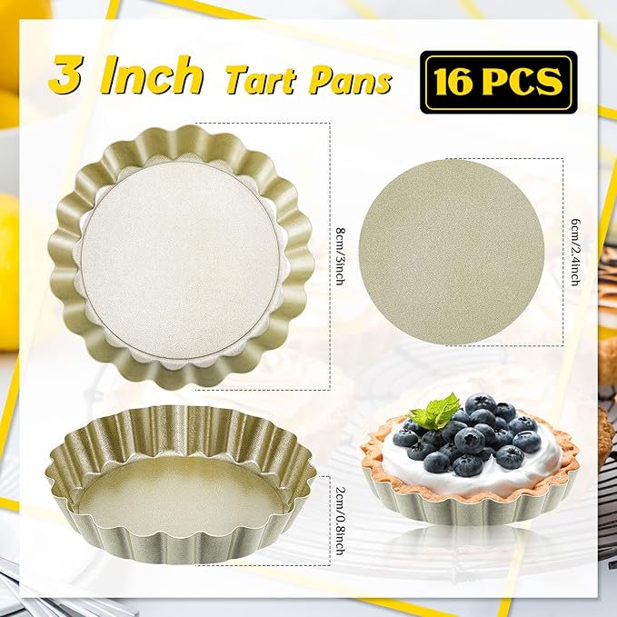 Tessco for you 16 Pcs Mini Tart Pans for Baking, Gold Round