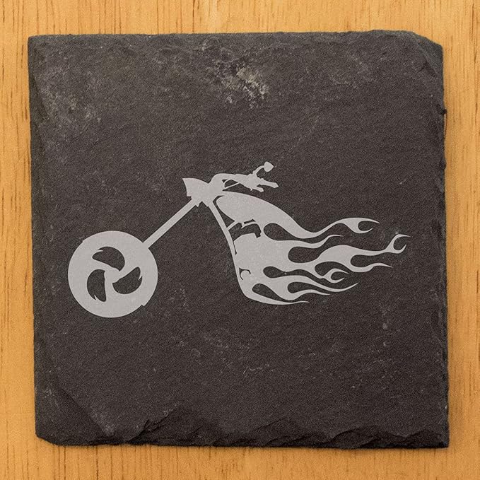 Engraved Flaming Chopper Slate Coasters Set of 4 – Square – USA Made