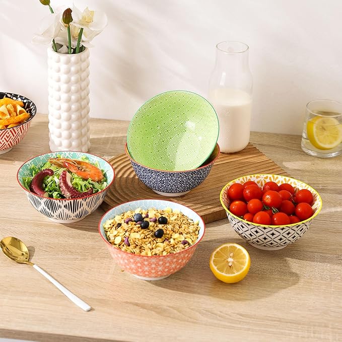 KOLLOV Cereal Bowls Set of 6 for Kitchen, 23oz Ceramic Bowls for Soup, Salad, Dessert, Rice, Serving, Oatmeal, Dishwasher & Microwave Safe, Assorted Colors