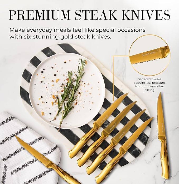 Styled Settings Gold Knife Set with Block and Built-In Sharpener, 14-Piece