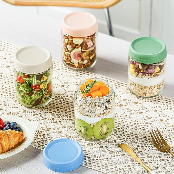DRKIO 16 Oz Glass Overnight Oats Containers with Lids Chia Pudding Jars