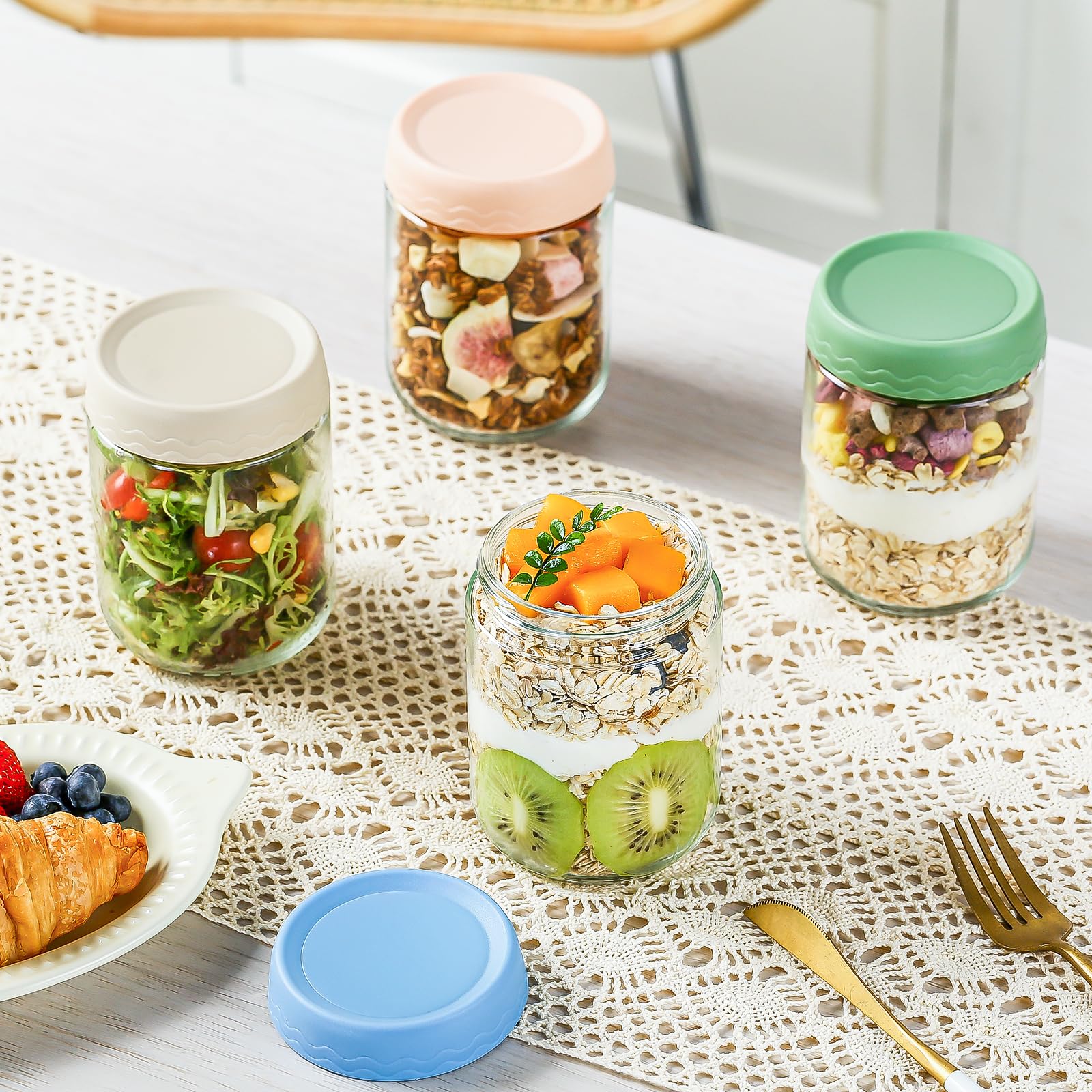 DRKIO 16 Oz Glass Overnight Oats Containers with Lids Chia Pudding Jars