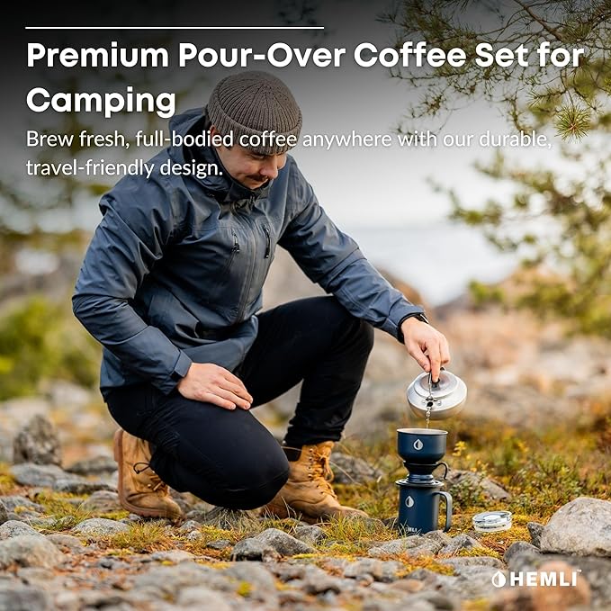 Hemli 16 oz Pour Over Camping Coffee Maker Set– Vacuum Insulated Mug with Leakproof Lid, Stainless Steel Micro Filter, Portable Coffee Maker for Camping, Travel & Outdoor Adventures