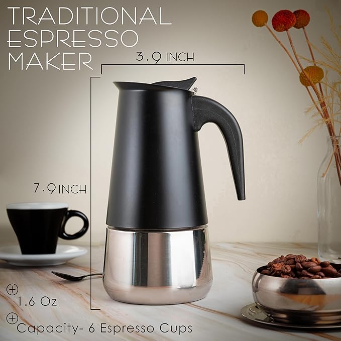 Mixpresso 6 Cup Greca Moka Pot, Stainless Steel Stovetop Espresso Maker
